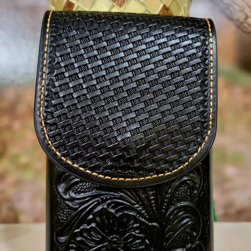 Western Cowboy Belt Loop Phone Holster Black LARGE Genuine Leather Basketweave